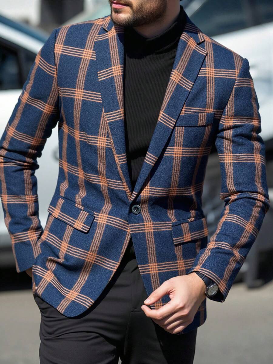 1pc New Casual Men's Black And White Plaid Blazer, Suitable For Spring And Autumn Everyday Wear - Navy Blue - View 1