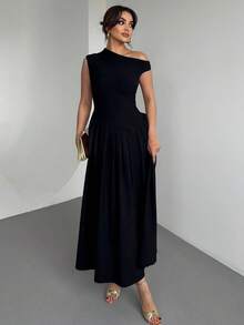 女士方领褶皱A字连衣裙，优雅性感，适合派对、晚宴、婚礼、日常穿着、生日派对、正式宴会、花园派对、迎婴派对、送礼、拍照、单身派对等场合。黑色夏季 - 黑色 - 查看 5