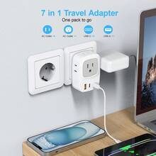 European Travel Adapter With USB C - US To EU Plug Adapter For Germany France Spain Iceland Greece Korea  - 3 USB Ports & 4 AC Outlets - 查看 3