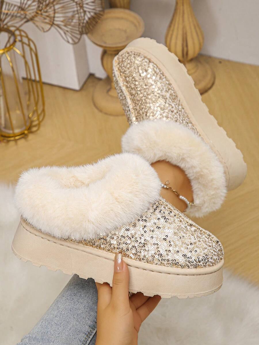 1 Pair Fashionable Fluffy Lined Slip-On Thick Sole Warm House Slippers, Suitable For Teenagers, Autumn/Winter - Gold - View 1