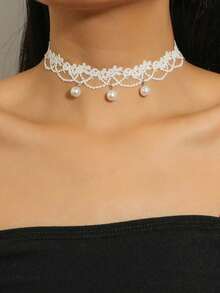 1pc Fashion Faux Pearl Charm Lace Choker For Women – Elegant Daily Decoration, Stylish Jewelry For Casual Wear & Special Occasions - 黑色 - 查看 1