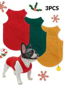 3pcs/Set Christmas Themed Polyester Solid Anti-Flea Pet Vest, Heat-Resistant And Breathable Suitable For Indoor And Outdoor Cats And Dogs