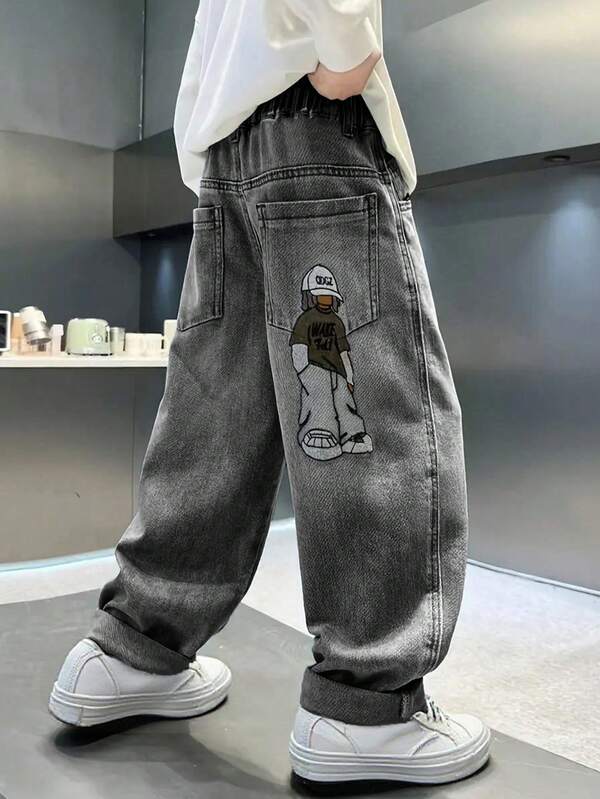 Tween Boy Fashionable Casual Washed Cartoon Embroidered Denim Jeans