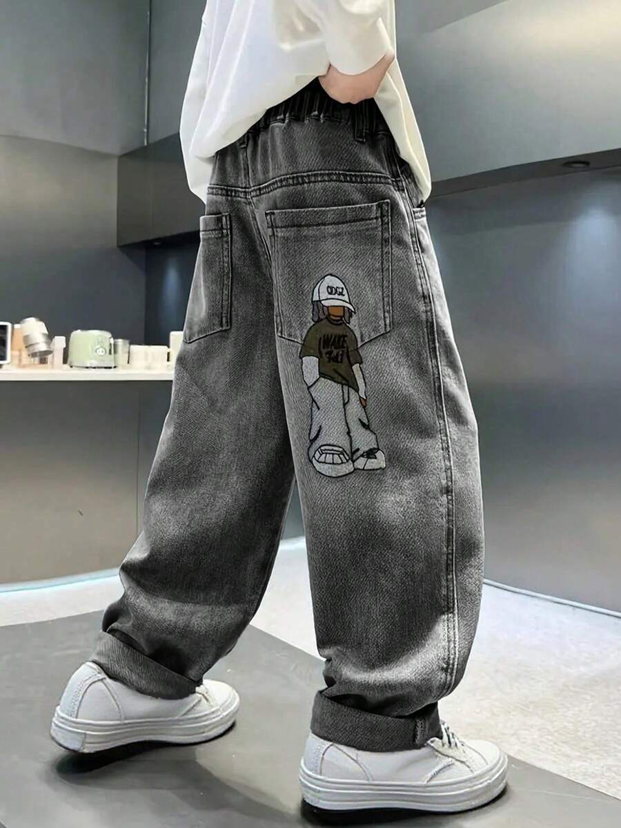 Tween Boy Fashionable Casual Washed Cartoon Embroidered Denim Jeans - Dark Grey - View 1