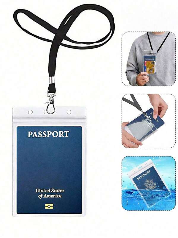 5 unidades de porta-passaporte extragrande com cordões, porta-cartões de identificação em PVC durável, porta-crachás resistente à água e a rasgos, adequado para viagens, porta-cartões de identificação transparente à prova d'água multifuncional para viagem, acessórios de férias para temporada de festas