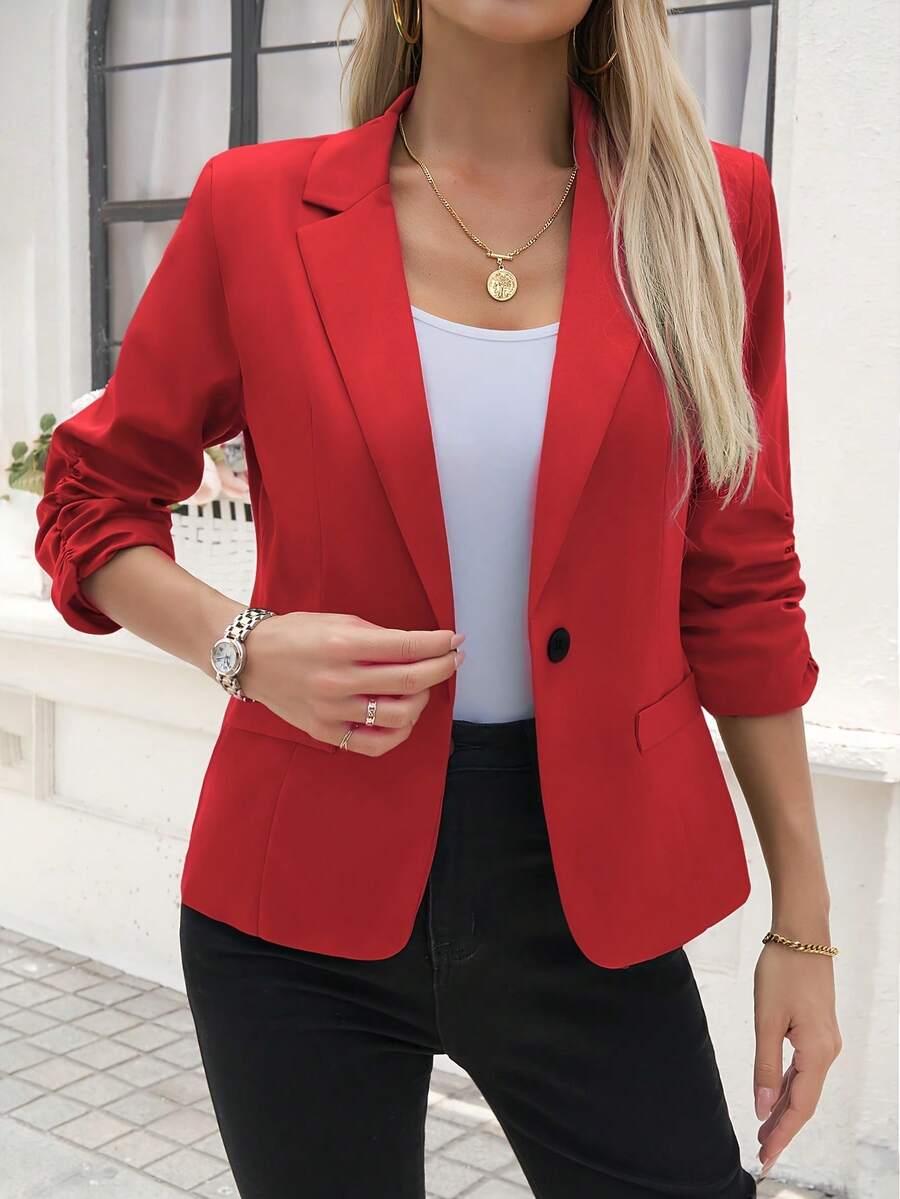 2026 Early Spring Curated Collection Women's Vestidos De Fiesta Elegantes Christmas Outfit Winter Clothes For Women Casual Blazers Open Front Long Sleeve Work Office Suit Jackets Blazer Business Casual Outfits Clasi Solid Color Casual Jacket With Gathered Cuffs, Spring & Autumn,Teacher Outfits For Women Ruched-Sleeve Statement Outerwear,Elegant Commute Blazer Vibrant Statement Style,Polished Retro Vibe,Everyday Eye-Catching Piece Tailored Waist-Fitted Silhouette,Ruched-Sleeve Detail,Minimalist Lapel Collar Basic-Item Color-Contrast Pairing,Dual Office-Date Wear,High-Saturation Hue To Elevate Looks Ruched-Sleeve Design Detail,Tailored Slightly Waist-Fitted,Minimalist Button-Free Silhouette Basic Pieces Balance Bold Hues,Blazer + Casual Wear Mix-And-Match,Office-Date Scene Transition - 紅色 - 查看 1