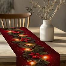1pc Christmas Theme Table Runner, Pine Branch Print With Warm Fairy Lights, Suitable For Home, Kitchen, Dining Room, Tablecloth, Tableware, Office, Small Tea Table And Coffee Table, Christmas Table Decor
