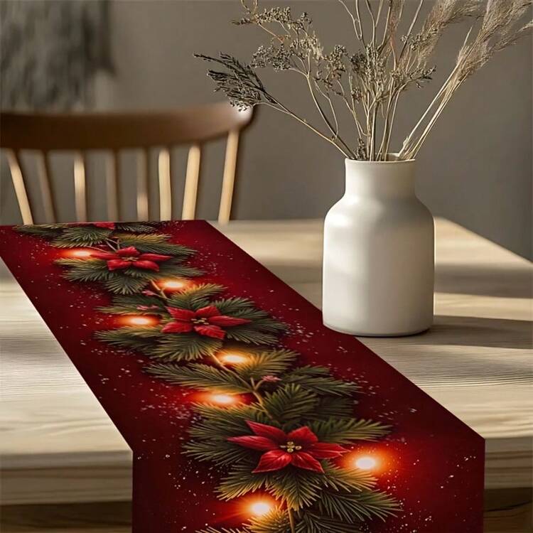 1pc Christmas Theme Table Runner, Pine Branch Print With Warm Fairy Lights, Suitable For Home, Kitchen, Dining Room, Tablecloth, Tableware, Office, Small Tea Table And Coffee Table, Christmas Table Decor - Multicolor - View 7