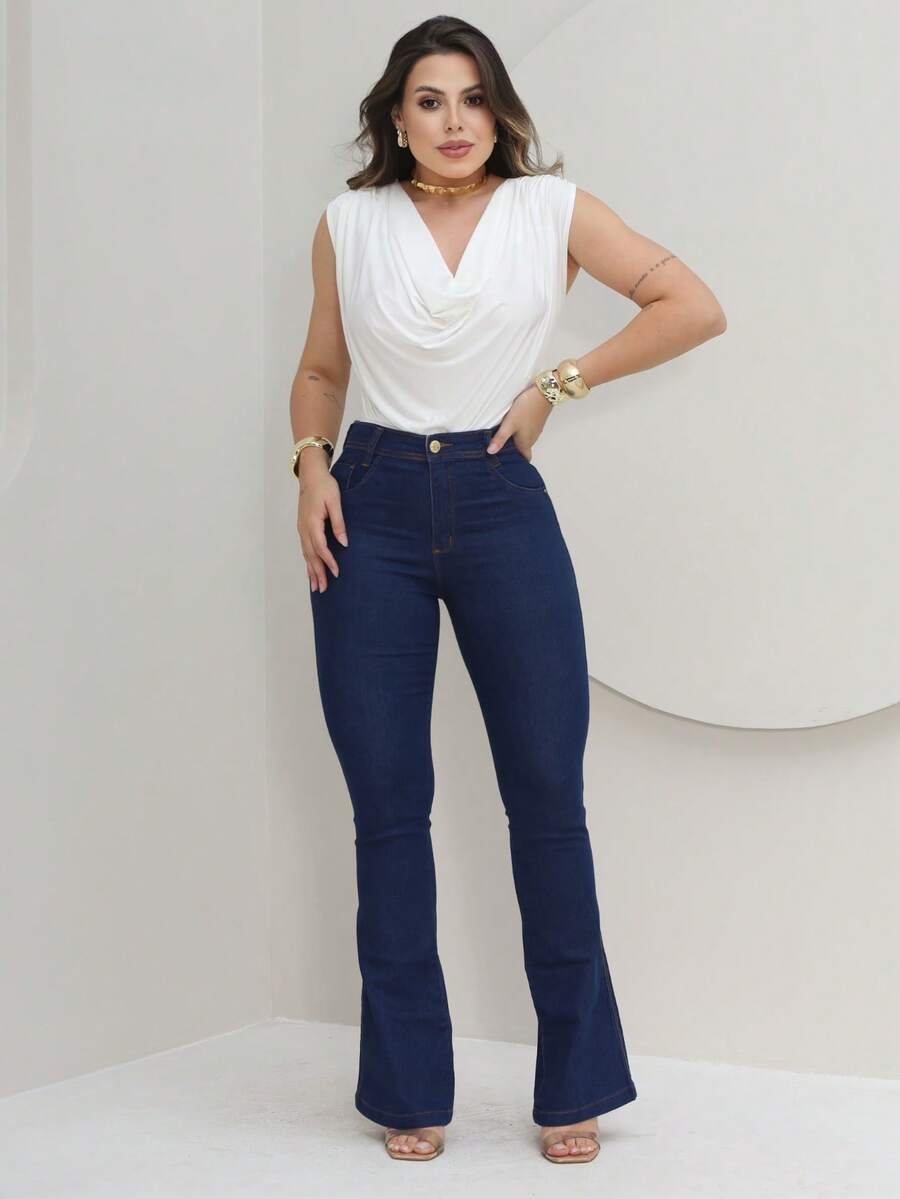 Women's Flare Jeans, High Waist, Bell Bottom - 藏蓝色 - 查看 1