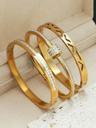 3pcs Set Stainless Steel Women Bracelets, Rhinestone Waist Bracelet, Hollow V-Shape Minimalist Bracelet, Pave Starry Shiny Jewelry Bracelet, Luxury Design Suitable For Daily Wear