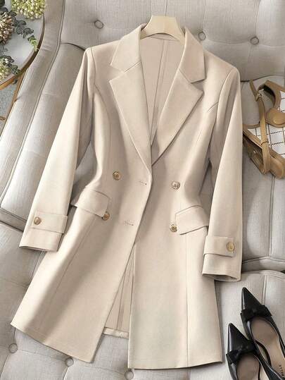 女士纯色双排扣口袋西装外套收腰长袖办公室商务套装优雅适合春秋季节