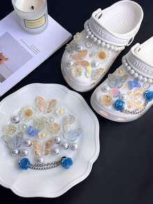 25pcs/Set Shiny Girl Style Hollow Out Clogs Charms Set - Butterfly, Flower & Pearl Decor, Hollow Out Clogs Accessories - Blue Butterfly Set-25pcs - View 1