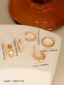 5pcs Elegant Gold-Tone Earring Set, Cubic Zirconia Inlaid, Includes Clip-On And Multiple Earrings, Stackable, Women Jewelry - Yellow Gold - View 6