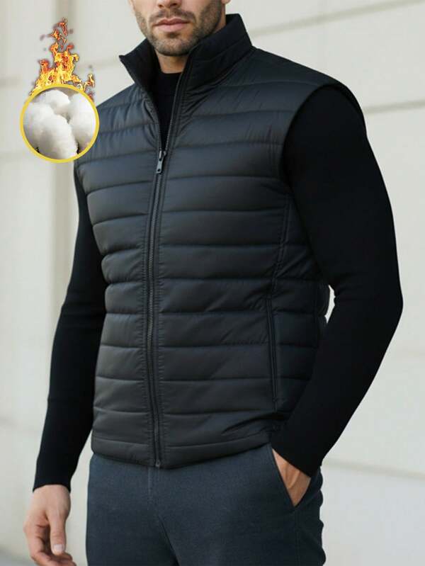 Men's Sleeveless Puffer Vest Lightweight Zipper Stand Collar Casual Outerwear, Autumn/Winter,Fleece