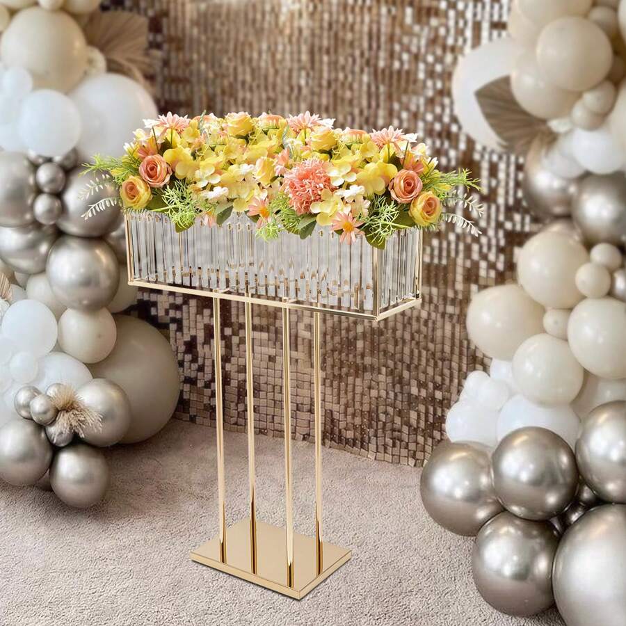 Wedding Flower Stand, Wedding Crystal Flower Stand, Crystal Flower Stand  For Wedding Road Lead T Stage Flower Arrangement Decoration - Gold - View 1