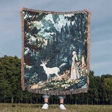 Outdoor Blanket With Deer & Girl Bohemian Jacquard Pattern - Picnic Blanket, Camping Blanket, Sofa Blanket, Nap Blanket, Air Conditioning Blanket, Wall Hanging, Thick & Soft, Non-Fading & Non-Pilling, Suitable For Home Decor And Outdoor Use, Christmas Decoration