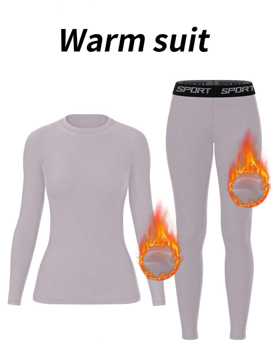 女士羊毛保暖内衣套装，舒适打底衫，适合户外活动和滑雪的保暖紧身裤，适合瑜伽的长袖圆领上衣和裤子套装 - 淺灰紫 - 查看 1