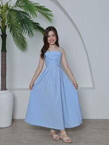 LONG DRESS FOR CHILDREN, YOUNG GIRL, PLAIN, TIE-UP STRAPS, RUFFLED TANK TOP - 藍色 - 查看 1