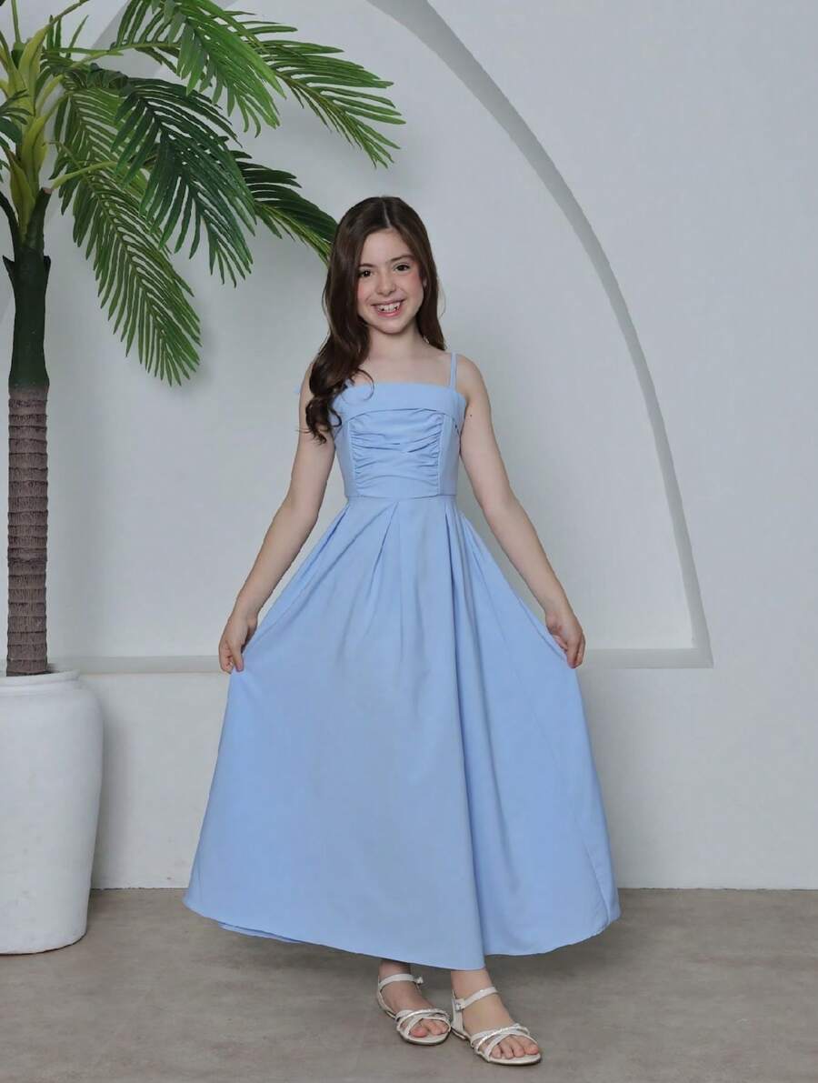 LONG DRESS FOR CHILDREN, YOUNG GIRL, PLAIN, TIE-UP STRAPS, RUFFLED TANK TOP - 藍色 - 查看 1