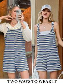 Womens Fall Striped Romper Sleeveless Loose Fit Jumpsuit Tied Shorts With Pockets Outdoor Casual Out - 藍色 - 查看 6