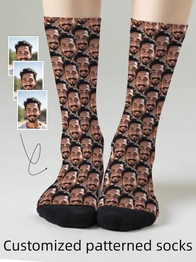 1 par anpassade ansiktsdesignade strumpor till mitten av vaden, personliga strumpor med foto och textlogotyp, intressanta anpassade porträttstrumpor för kvinnor, lämpliga för vardagsbruk, högtider, födelsedagar, par- och bröllopspresenter