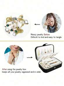 1 pezzo Scatola da viaggio per gioielli, piccola scatola di stoccaggio in pelle sintetica, scatola per gioielli con bottone, scatola collezione gioielli, scatola porta anelli, adatta per donne e ragazze, portatile a doppio strato, utilizzata per conservare orecchini, anelli, collane