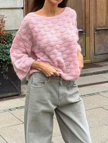 Women's Bubble Textured Knit Sweaters Long Sleeve Scoop Neck Solid Color Pullovers Loose Fit Tops - Pink - View 1