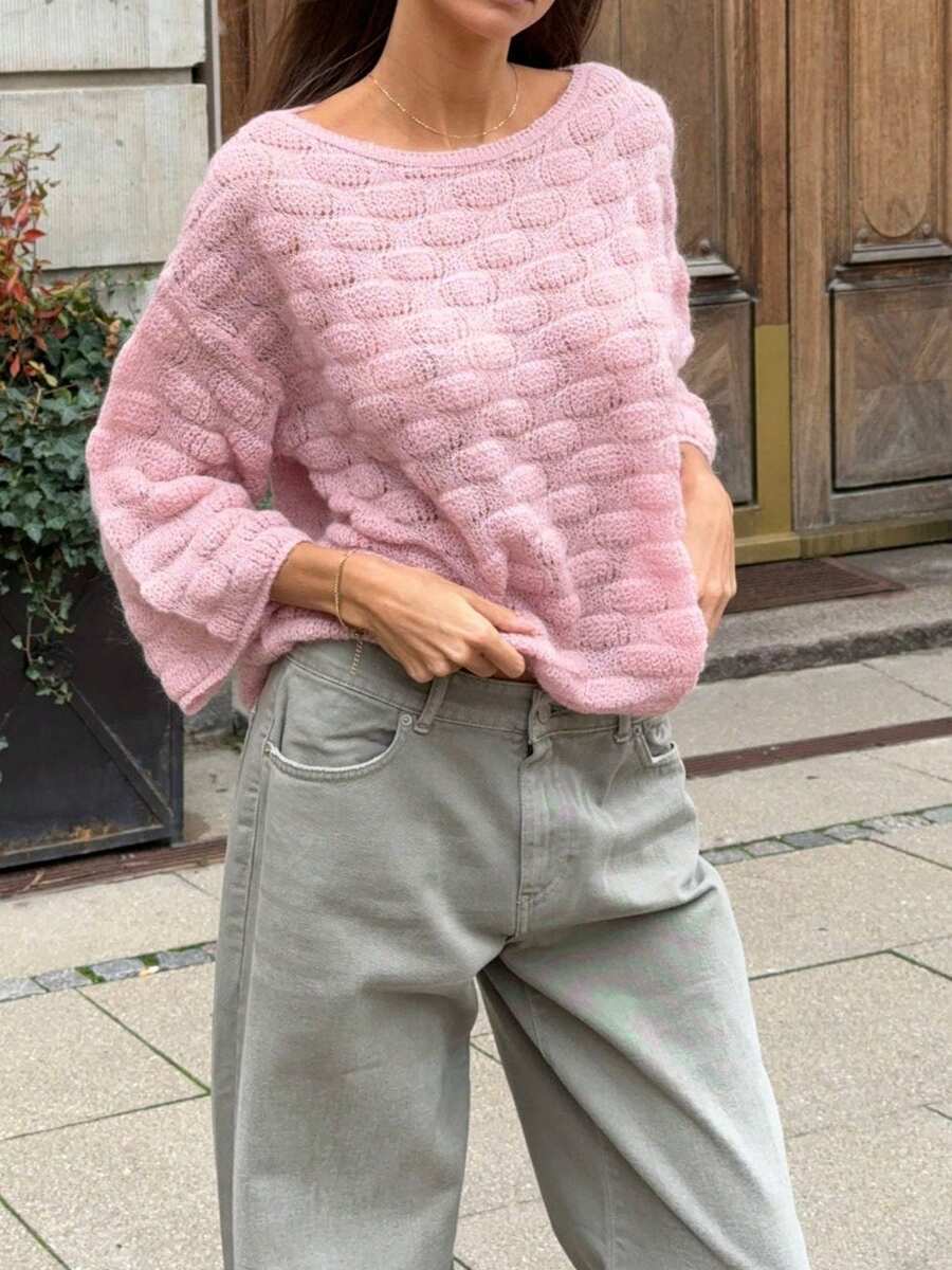 Women's Bubble Textured Knit Sweaters Long Sleeve Scoop Neck Solid Color Pullovers Loose Fit Tops - Pink - View 1