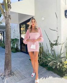 2025 Mesh Long Sleeve Square Neck Ruched Mini Bodycon Cocktail Dress - Hồng - Xem 2