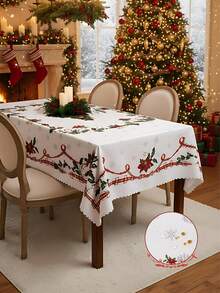1pc Christmas Tablecloth, Bell & Christmas Tree Design, Waterproof Polyester Tableskirt, Tabletop Decor, Perfect For Christmas Party, Room, Kitchen, Home Decoration - Multicolor - View 3