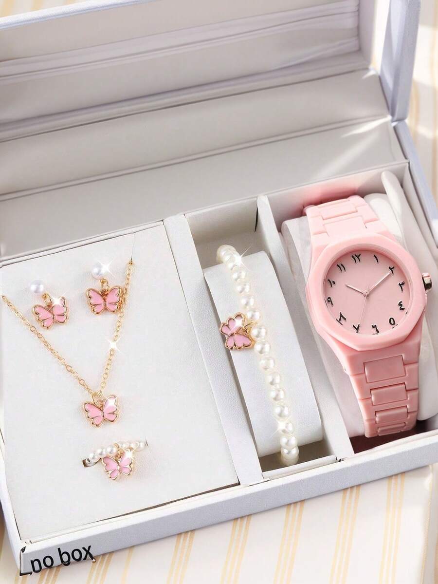6pcs Women's Watch Set, Pink Plastic Digital Watch + Pearl Butterfly Bracelet + Butterfly Necklace, Suitable As A Gift For Women - Pink - View 1