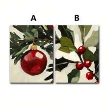 1 pièce/2 pièces canevas d'art imprimée avec sapin de Noël et baies rouges - Style vintage, décoration de vacances chaleureuse pour la maison et le bureau, parfaite pour le salon, la chambre, la salle de bain ou le restaurant, décorations de Noël, idéal comme cadeau de Noël. Cadre en option - Multicolore - Voir 8