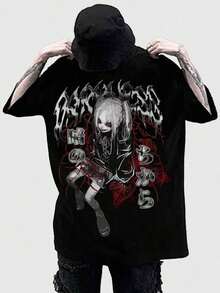 ROMWE MEN Anime Casual Short Sleeve Round Neck Letter Print Cartoon Character Summer T-Shirt For Men School - Black - View 1