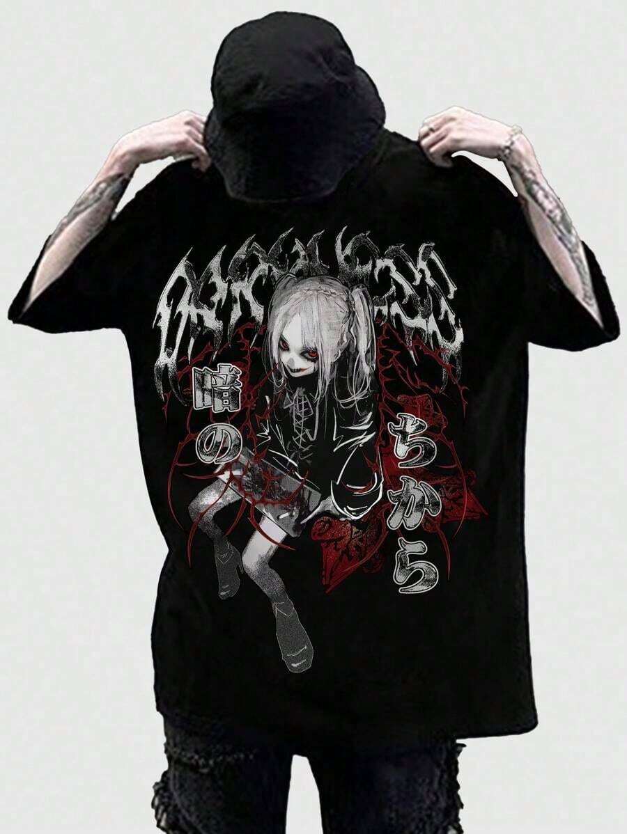 ROMWE MEN Anime Casual Short Sleeve Round Neck Letter Print Cartoon Character Summer T-Shirt For Men School - Black - View 1