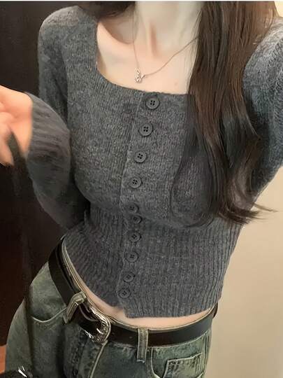 女性用のシックなフランス風スクエアネックトップ - 長袖、ボタンアップ、ウエストデザイン、高伸縮性、無地色、カジュアルな秋の着物、秋のカジュアル着物 |   ボタンアップニットウェア |   高伸縮性のファブリック