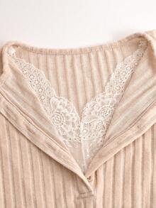 纽扣细节休闲蕾丝荷叶边二合一磨毛T恤上衣 - 杏色 - 查看 6