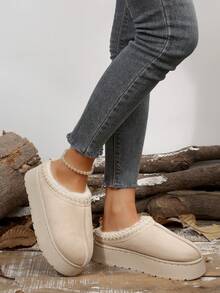 女士毛绒厚底拖鞋，秋冬新款人造保暖内衬套脚坡跟凉鞋，时尚百搭，蓬松拖鞋 - 米色 - 查看 8