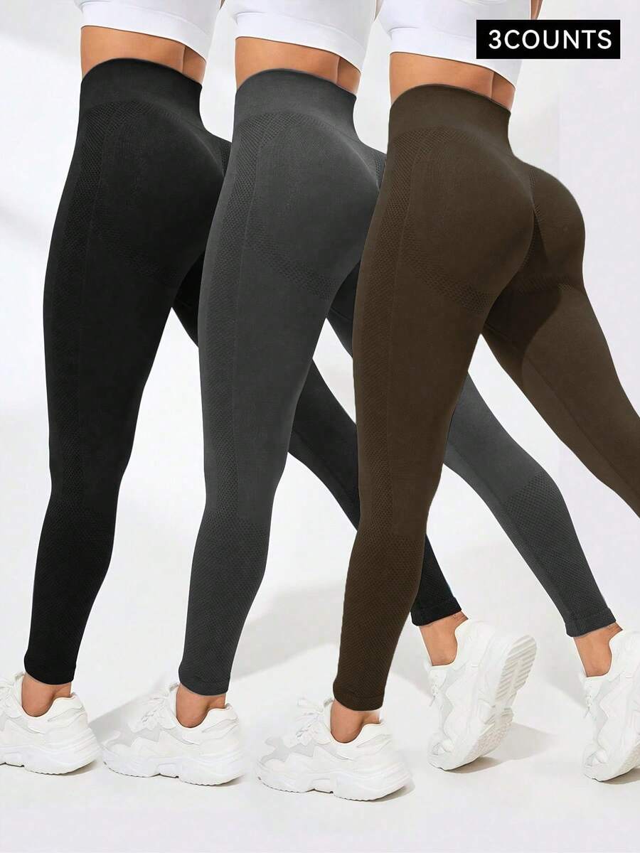 3 piezas Leggings de color negro sólido con cintura alta, levantamiento de glúteos y control del abdomen para mujeres. Tela cálida, transpirable y elástica ideal para gimnasio, actividades al aire libre, entrenamiento y correr. Atuendo esencial para Navidad.