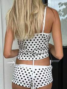 Women Summer Y2k Polka Dots 2 Piece PJs Short Set Spaghetti Strap Sleeveless Cami Crop Top Elastic Waist Low Rise Boycon Shorts Casual Loungewear Streetwear Sets - 白色 - 查看 4