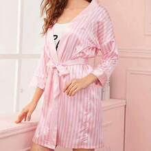 时尚舒适的女士睡衣，条纹印花睡衣，睡袍，性感睡袍，睡裙。（尊敬的顾客，由于各国尺码标准不同，如果您身材丰满，请选择大一码的尺码。） - 粉色 - 查看 1