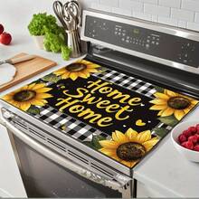 1pc Sunflower & Black White Checkered Heat-Resistant Glass Stove Top Protector - Non-Slip, Durable, Easy To Clean, Fits Electric Glass Stoves, Flat Top Ovens, Dryers, Coffee Makers - Stylish Kitchen Decor, Perfect Holiday Gift, Stove Top Protector, Appliance Accessory, Decorative Kitchenware, Easyclean Surface - 52公分*72公分/20.5吋*28.3英寸 - 查看 3
