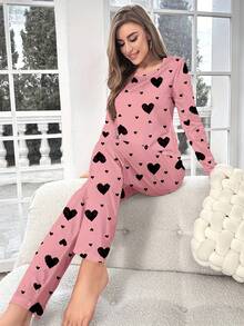 女士休闲爱心印花圆领长袖上衣和裤子睡衣套装，秋冬服装 - 粉色 - 查看 3