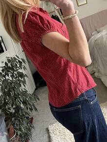 Women's Y2K Polka Dot Printed Short Sleeved Shirt With Collar Buttons, Slim Fit Casual Top, Streetwear - 紅色 - 查看 2