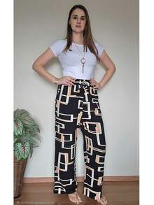 Printed High-Waisted Palazzo Pants With Pockets, Lining And Ties - Celana Geometris Hitam - View 3