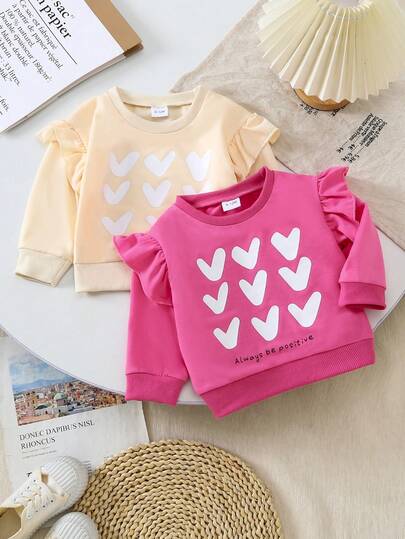 Set de 2 sudaderas de manga larga con estampado de corazón, estilo casual y lindo para niñas bebés, para primavera/otoño