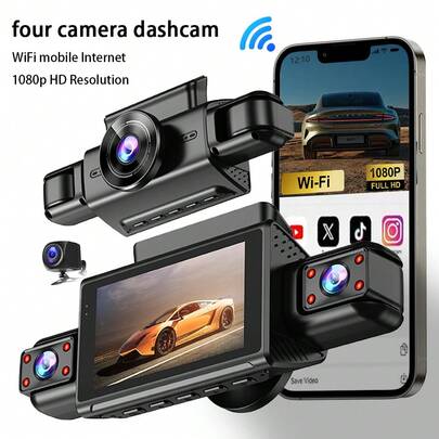 Reletech [4K Ultra HD Night Vision]Quad Lens Car DVR Recorder 3-Inch Screen 360° Parking Monitoring WiFi Smartphone Sync Rearview Camera Wide Angle Lens