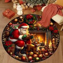 1pc Santa Claus & Reindeer Fireplace Candle Pattern Holiday Christmas Round Decorative Carpet, Soft & Comfortable Rug, Home Decor Carpet, Bedroom Decor, Small Rug, Creative & Fashionable Carpet, Living Room Carpet, Small Living Room Rug, Bedroom Rug, Outdoor Rug, Washable Carpet, Christmas & New Year Holiday Atmosphere Decor Kitchen Rug