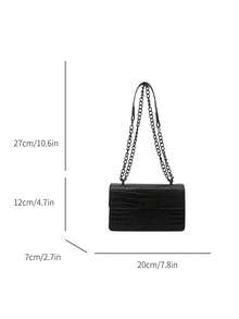 Mini sac à bandoulière rétro mode pour femme, sac bandoulière léger avec chaîne en métal, en matériau PU, sac carré à rabat verrouillable décontracté, sac motif peau de crocodile, sac de shopping pour fille, convient pour les déplacements quotidiens des femmes - Noir - Voir 7