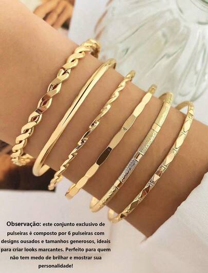 Conjunto Luxo 6 Pulseiras Douradas Grossas - Pulseira Bracelete Tamanho Grande Estilo Bold para Mulher | Presente