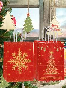 32 个红色节日圣诞礼品袋 - 带手柄的牛皮纸袋，金色雪花和驯鹿图案，适用于节日礼物、派对礼品和礼品包装、圣诞礼品包装袋 - 彩色 - 查看 6